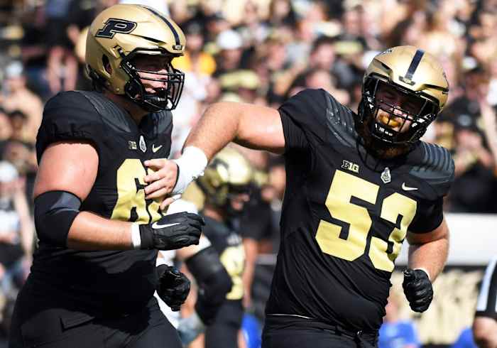 Sep 10, 2022; West Lafayette, Indiana, USA; Purdue Boilermakers offensive lineman Gus Hartwig (53) celebrates with Purdue Boilermakers offensive lineman Cam Craig (68) after a touchdown during the first quarter against Indiana State Sycamores at Ross-Ade Stadium.